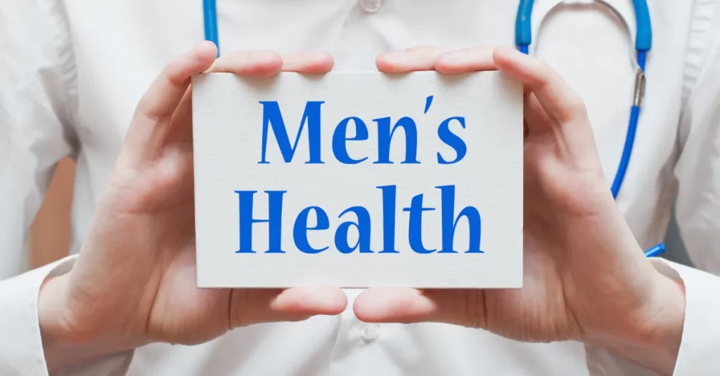 Napis "Men's health' oznaczający 'męskie zdrowie' - nawiązanie do wpływu terapii testosteronem na zdrowie mężczyzn