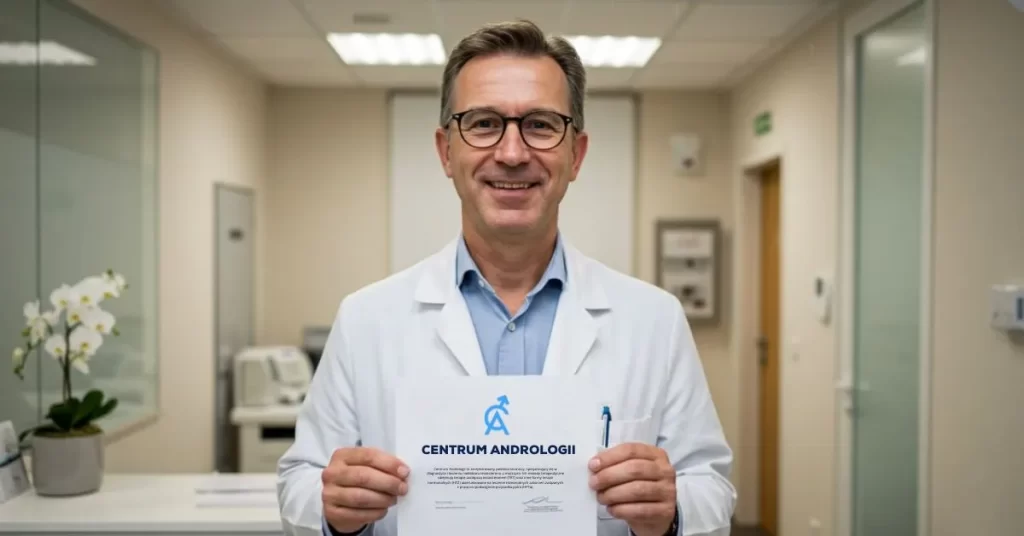 Lekarz androlog trzyma plakietkę z logo kliniki dla mężczyzn "Centrum andrologii'"