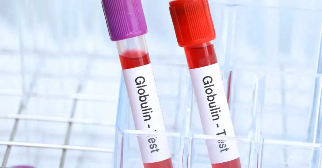 Próbówka krwi z napisem "Globulin test" - nawiązanie do artykułu o roli SHBG u mężczyzn