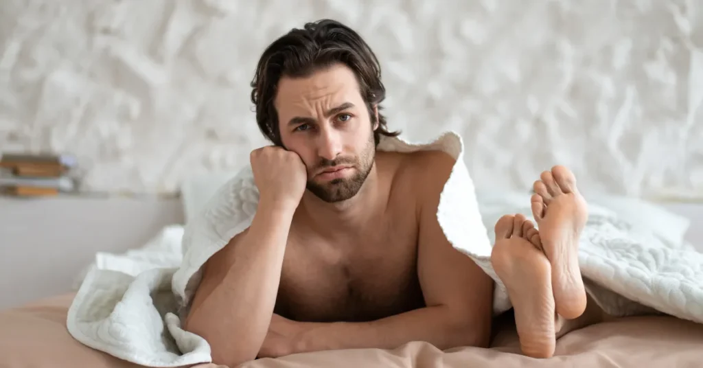 Smutny mężczyzna leży w łóżku z kobietą - nawiązanie do zaburzeń funkcji seksualnych